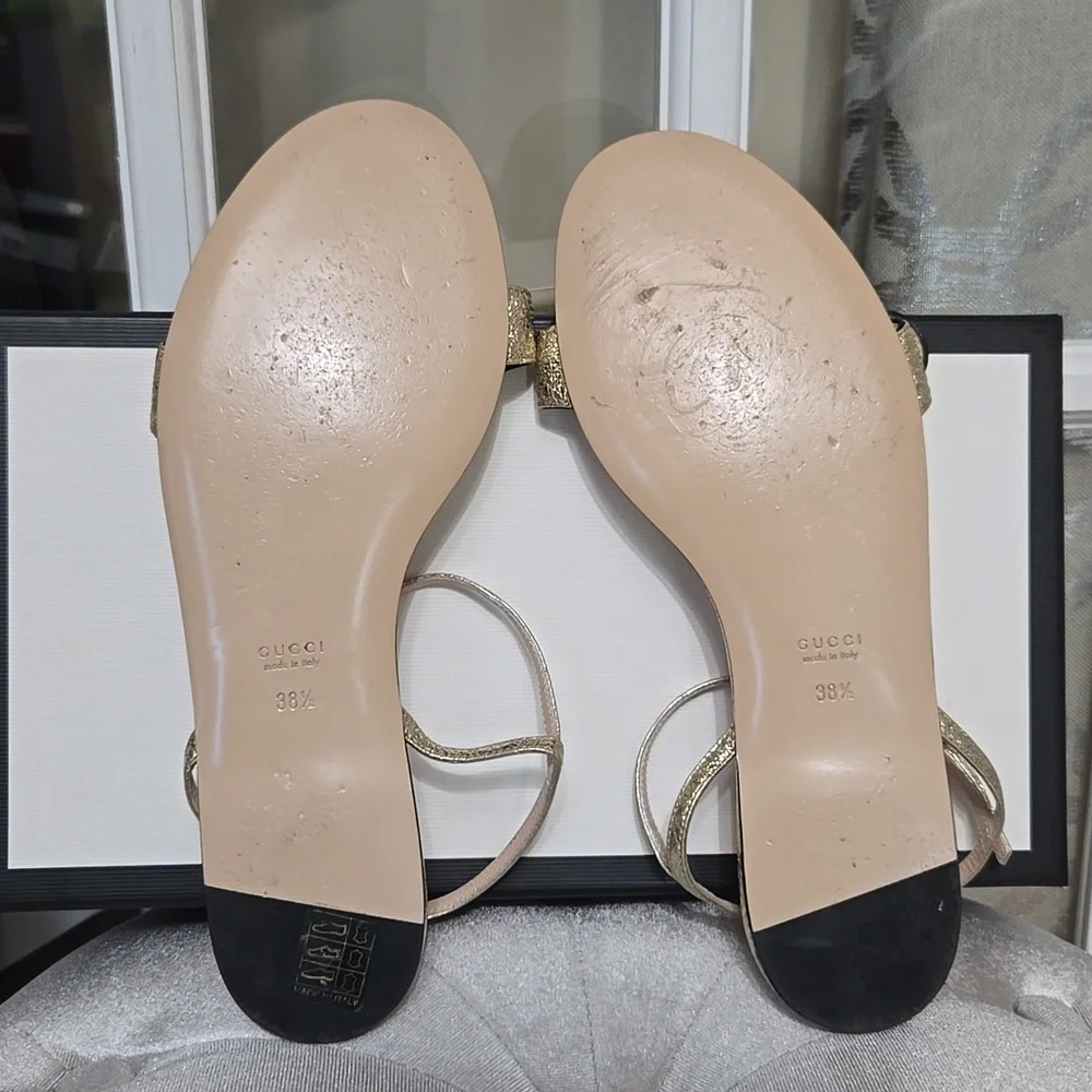 Gucci GG Metallic Gold Marmont Ankle Buckle Sandals Scalloped Flat Heel - Picture 5 of 5